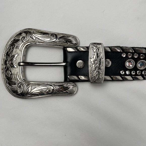 Kippy's Vintage Custom 1.5" Bezel Swarovski Crystals Leather Belt Silver Size 32 - Picture 2 of 10